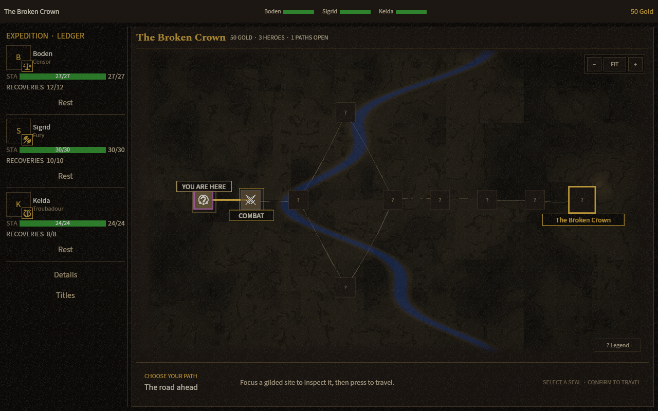 The Broken Crown campaign map with branching routes, a party ledger, and a final encounter ahead