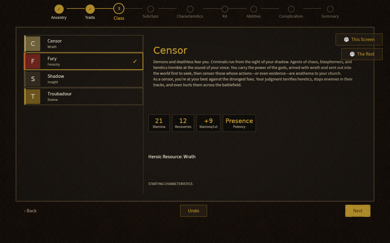 Character builder showing ancestry and class selection