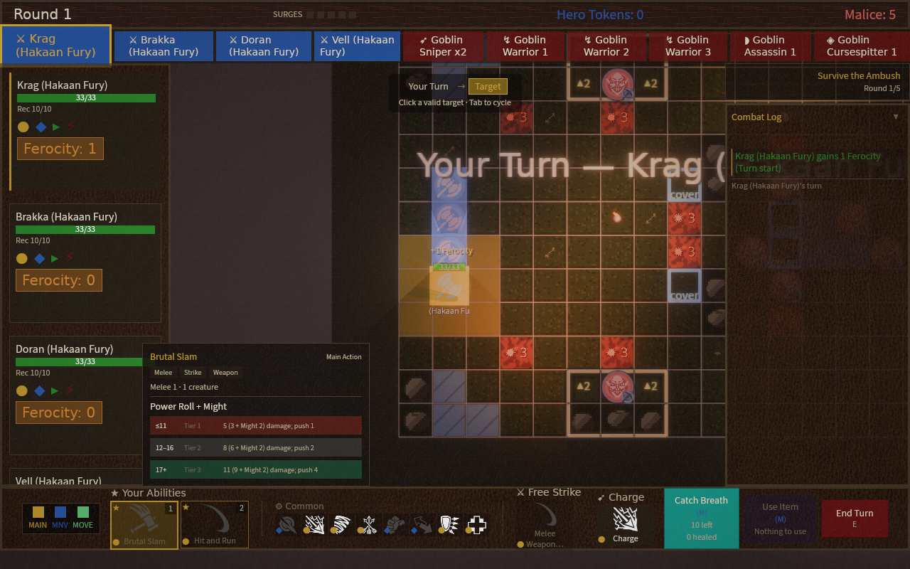 Combat mid-turn with the ability panel open and targeting shown on the grid