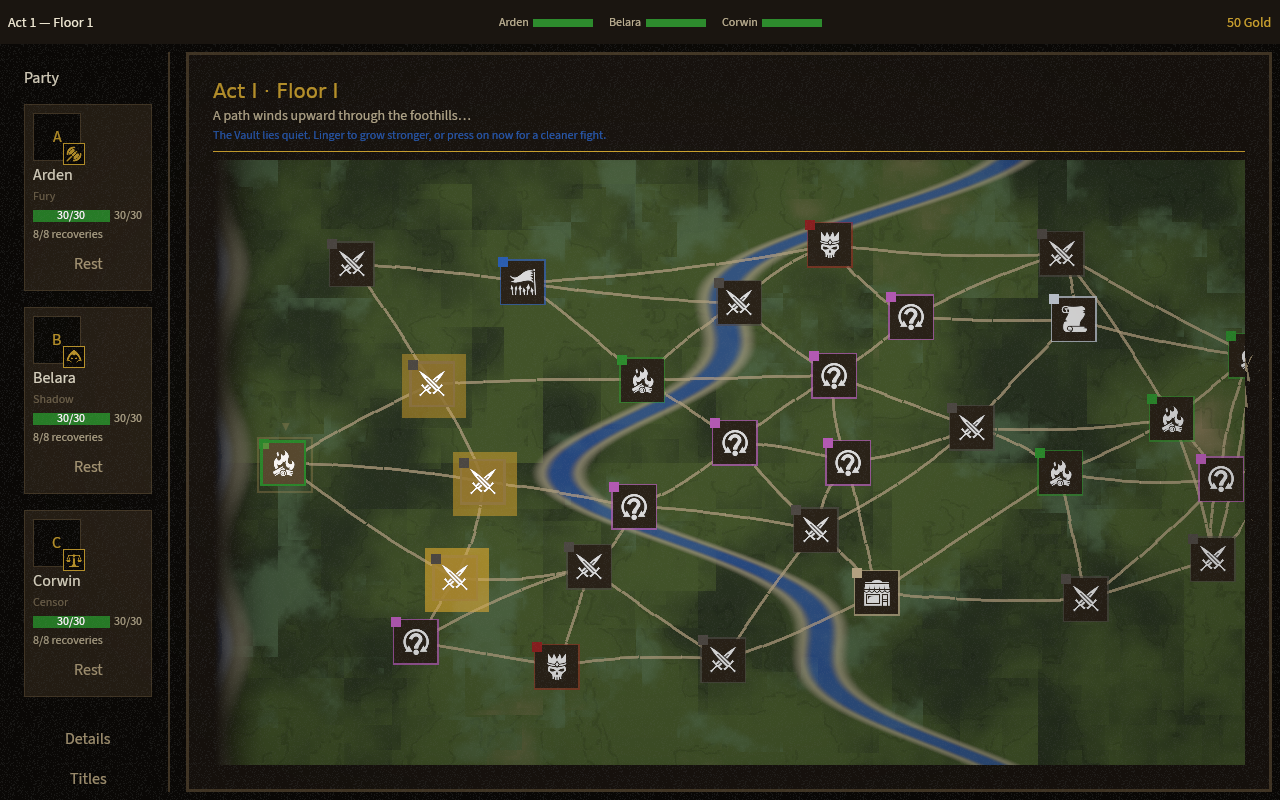 Roguelike overland map with sites to visit and a flood advancing across the terrain