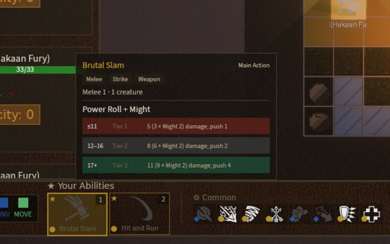 Power roll panel showing the three tiers and their outcomes